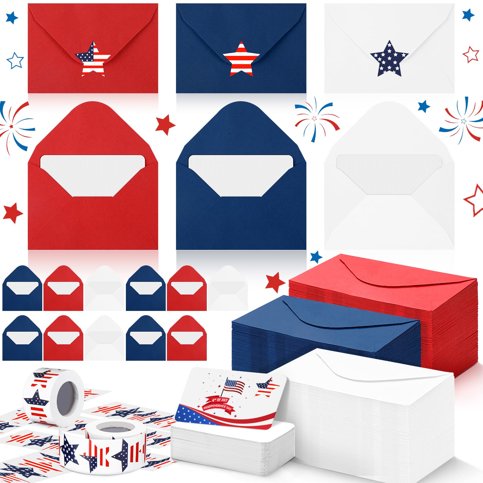 400 Set Mini Patriotic Greeting Cards with Envelopes Stickers July 4th Memorial Day Red White Blue Small Greeting Cards Bulk Blank Note for