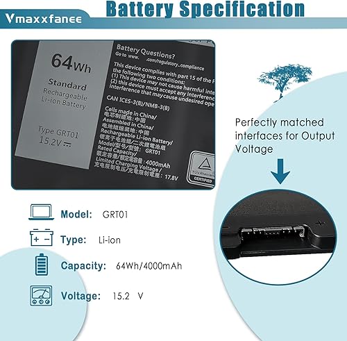 Miniatura 2 de Batería de repuesto GRT01 64Wh para Dell Latitude 5521 5531 5421 5431 Precision 3470 3561 3571 3581 Series Laptop 0P3TJ 00P3TJ 0R05P0 R05P0 05RGW