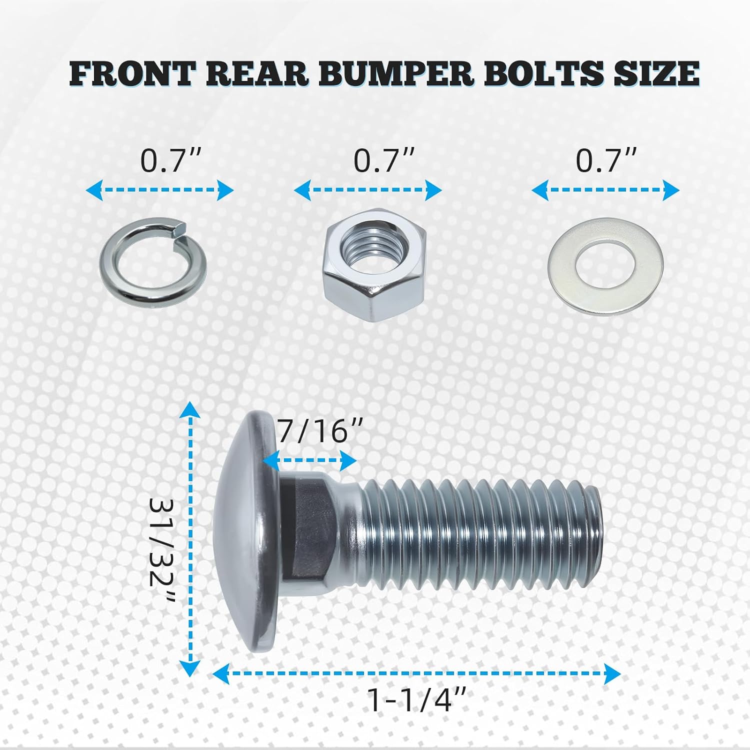 Front Rear Bumper Bolts Kit Capped Round Head for Ford 7/16-14X1-1/4 Carriage Bumper Bolts, with Hex Nuts, Washer, Lock Washers 4 - Set