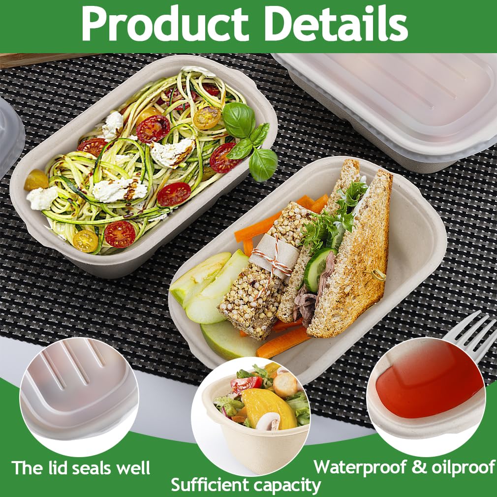 Lot de 50 bols en papier kraft avec couvercle - 700 ml - Bols en carton marron à emporter - Boîte en papier kraft réutilisable - Pour les repas à emporter, le travail, les voyages