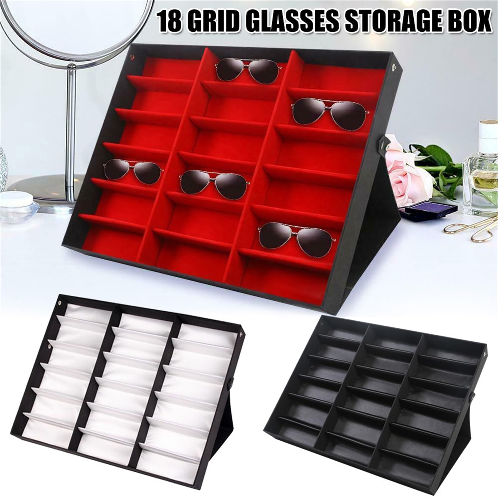 18 rejillas for gafas de sol, caja almacenamiento for, soporte organizador, for presentación joyería, compartimento Para Gafas