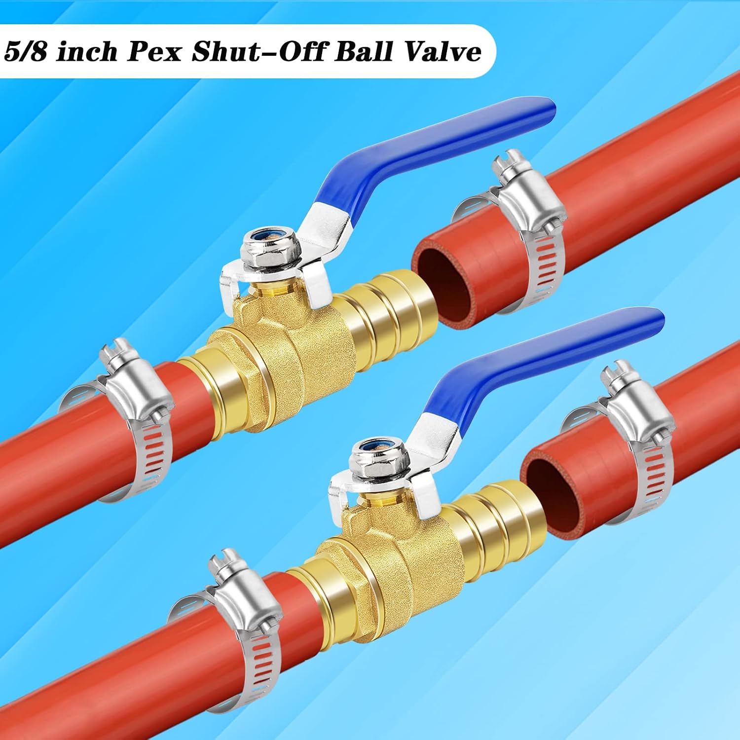 Brass Hose Barb Ball Valve Kit-2pcs 5/8" Heater Hose Shut Off Valve with Stainless Steel Clamps-High Temperature Resistance Shut off PEX Ball Valve for Water, Oil, Gas, Fuel line Fittings