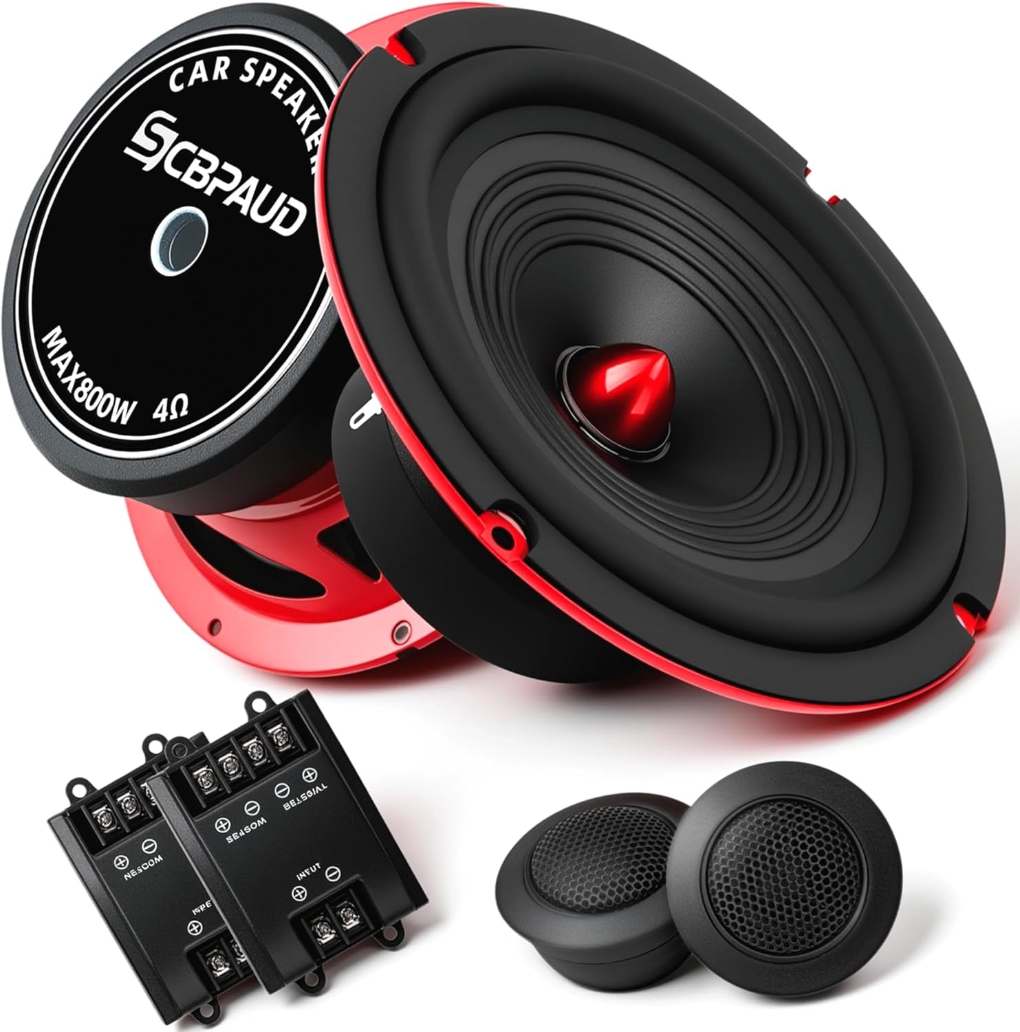 6.5" Component Speakers Car Audio, 800W Max Power, High-Performance Woofers, Bullet Head Design Includes Mid-Bass Speaker, Silk Dome Tweeters & Crossovers