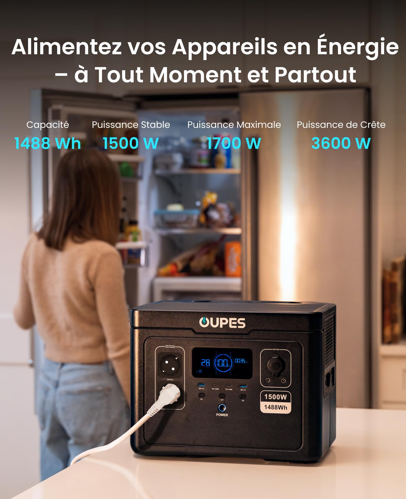 OUPES Exodus 1500 Générateur Electrique Portable, 1488Wh Batterie Nomade avec 2 Prises AC 1500W (Boost 1700W, Pic 3600W), Charge Rapide, UPS, Alimentation Secours pour Camping, Camping-car et Maison