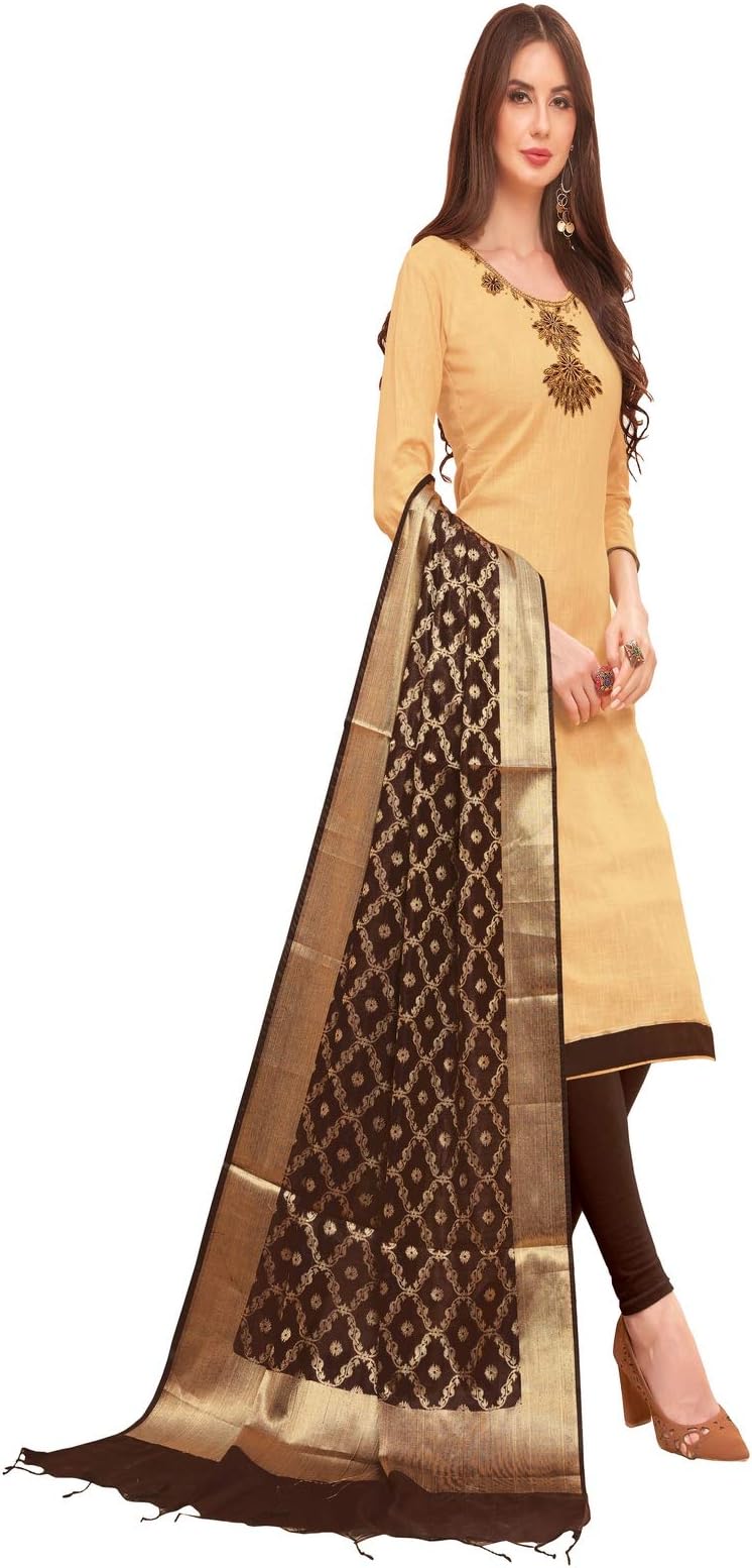 Women's Beige Hand work Glace Cotton Unstitched Dres Materials