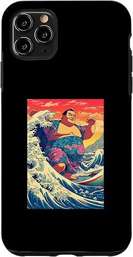 Miniatura 25 de iPhone 11 Pro Funny Sumo Wrestler Surfing on Kanagawa Great Wave Case