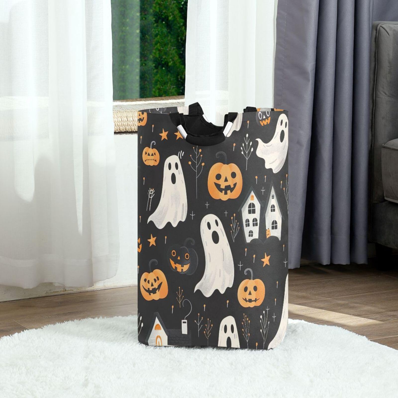 Jihqo Laundry Hamper Basket Halloween Pumpkin Skull Collapsible Nursery Storage Bin Waterproof Clothing Baskets for Home Bedroom Bathroom Washing Room
