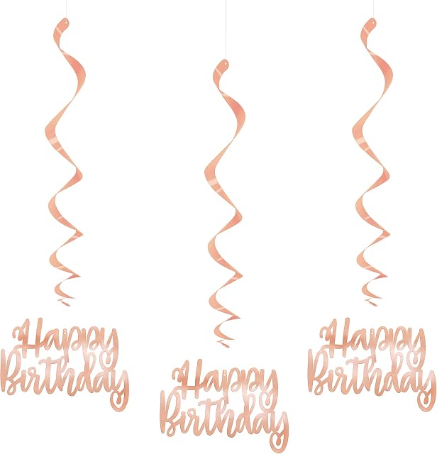 Unique Party 62943 Hanging Swirl Decoration-32 | Disposable | Happy Birthday | Rose Gold | 3 Pcs