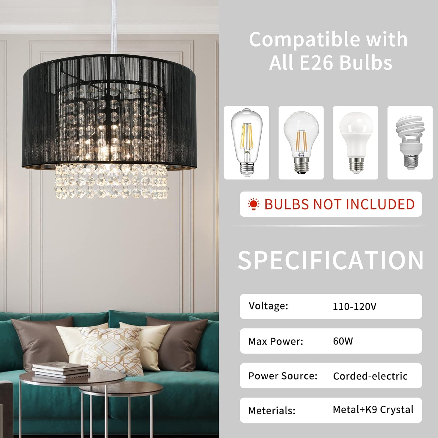TISLYCO Plug in Chandelier, Crystal Chandelier Lighting with Long Cord 15ft and On/Off Switch, Hanging Pendant Light Plug in, Hanging Lamps That Plug into Wall Outlet for Bedroom Living Room