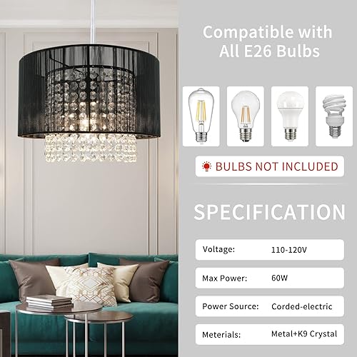 Miniatura 13 de Lámpara de techo colgante negra de 3 luces, mini candelabro, lámparas colgantes de techo ajustables, lámparas colgantes de cristal para isla