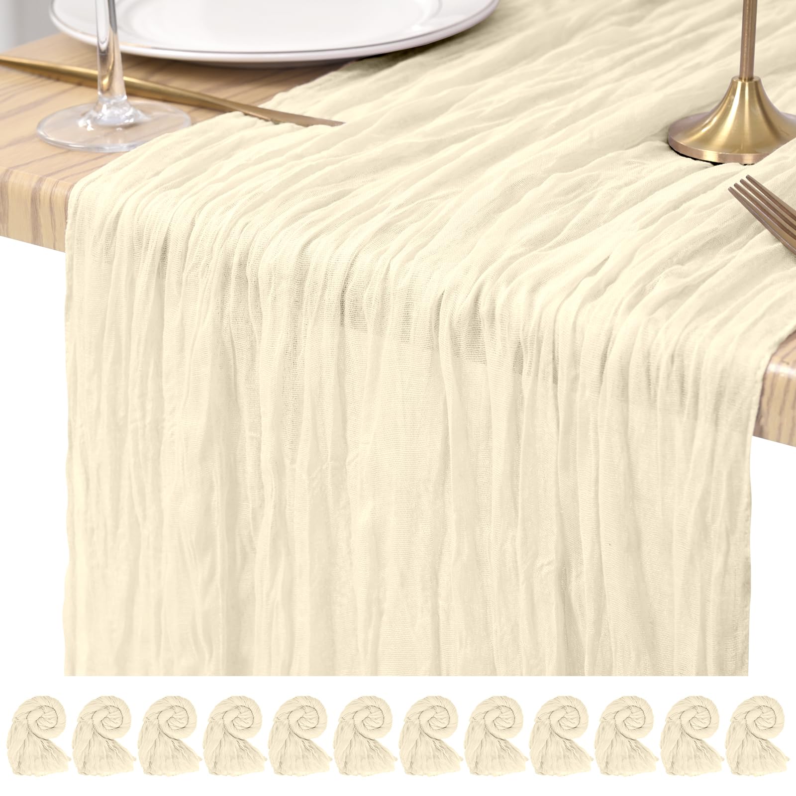Pesonlook Cheesecloth Table Runner Ivory, 12 Pack 17.7x108 inch, Long