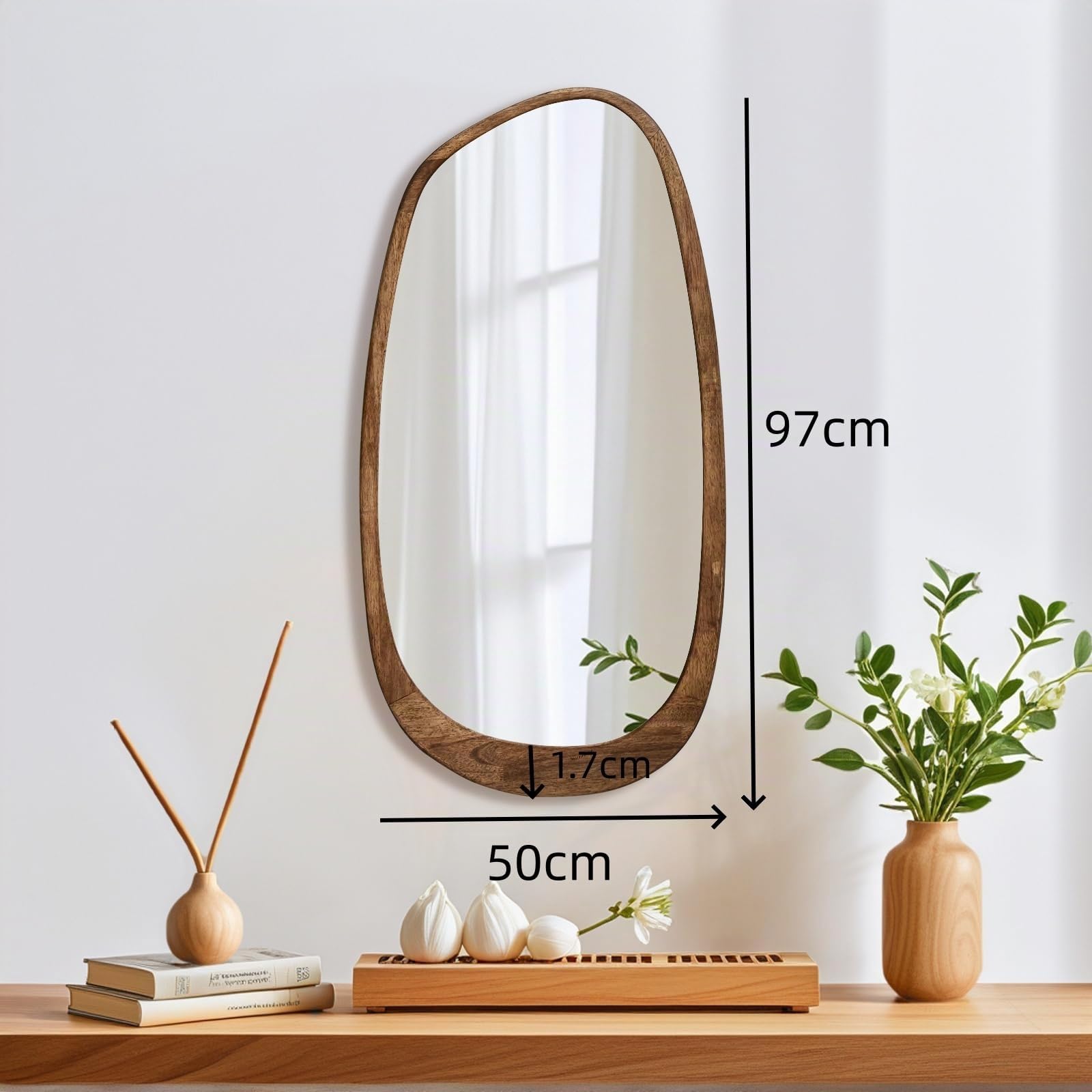 Asymmetrischer Spiegel, 97x50cm Unregelmäßiger Wandspiegel mit Holzrahmen | Cagnolier Asymmetrischer Wandspiegel, Rahmen aus Massivholz, Ganzkörperspiegel Holzrahmen für Wohnräume, Zimmer, Badezimmer