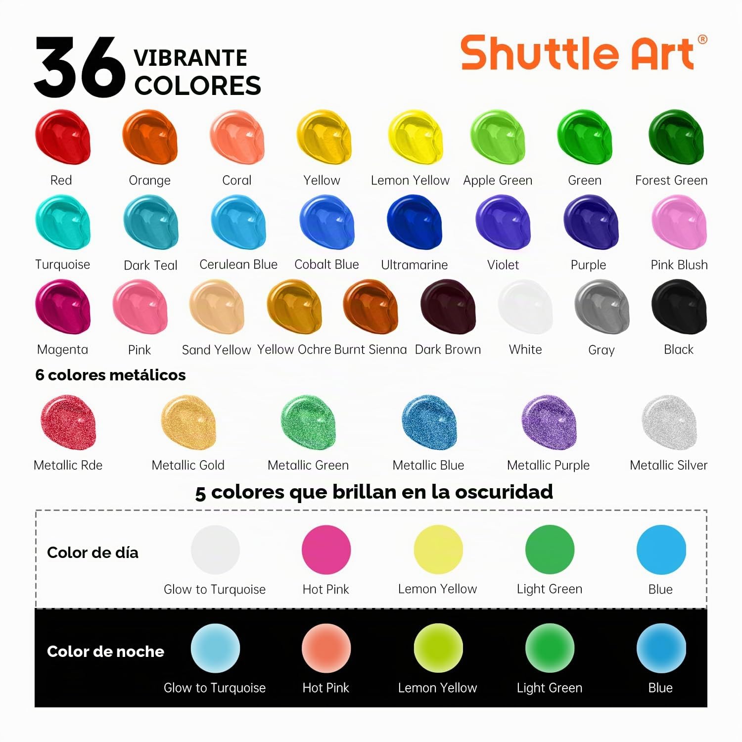 Shuttle Art Pintura Acrílica para Exteriores, 36 Colores Pintura Acrílica Impermeable 60ml con 10 Pinceles 1 Paleta, Pinturas para Artistas, Principiantes sobre Rocas, Madera, Estatuas de Jardín