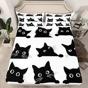 Feelyou Jogo de cama de gato preto para crianças meninos meninas pet gatos padrão lençol com elástico lindo jogo de cama com tema de animal 3D capa para cama decoração de quarto 3 peças tamanho completo branco