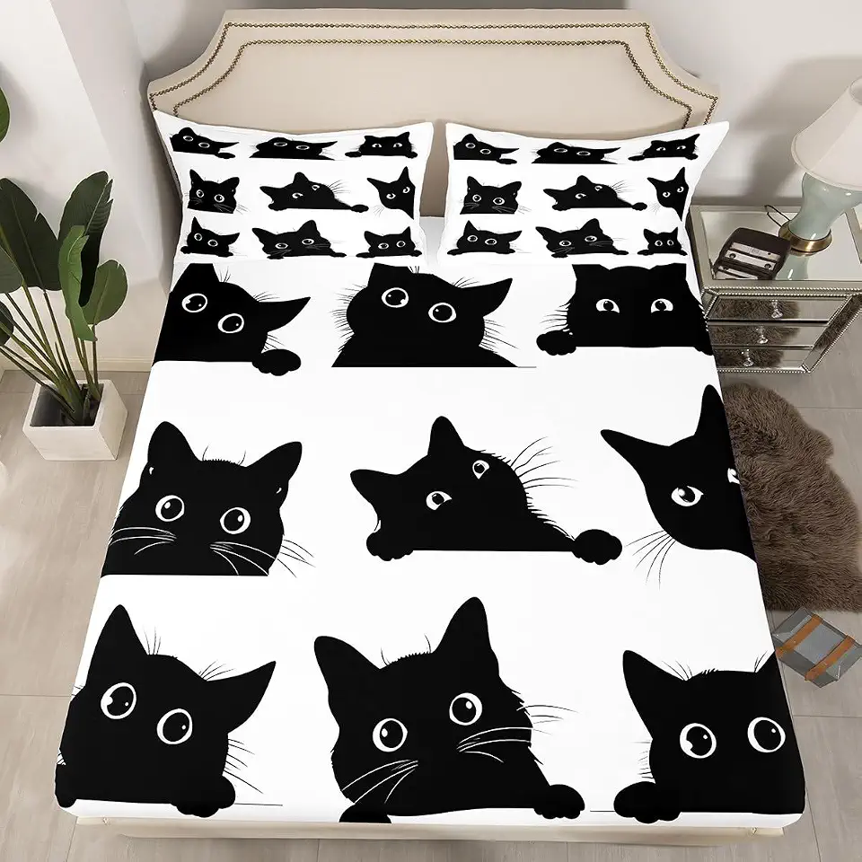 Feelyou Jogo de cama de gato preto para crianças meninos meninas pet gatos padrão lençol com elástico lindo jogo de cama com tema de animal 3D capa para cama decoração de quarto 2 peças tamanho solteiro branco