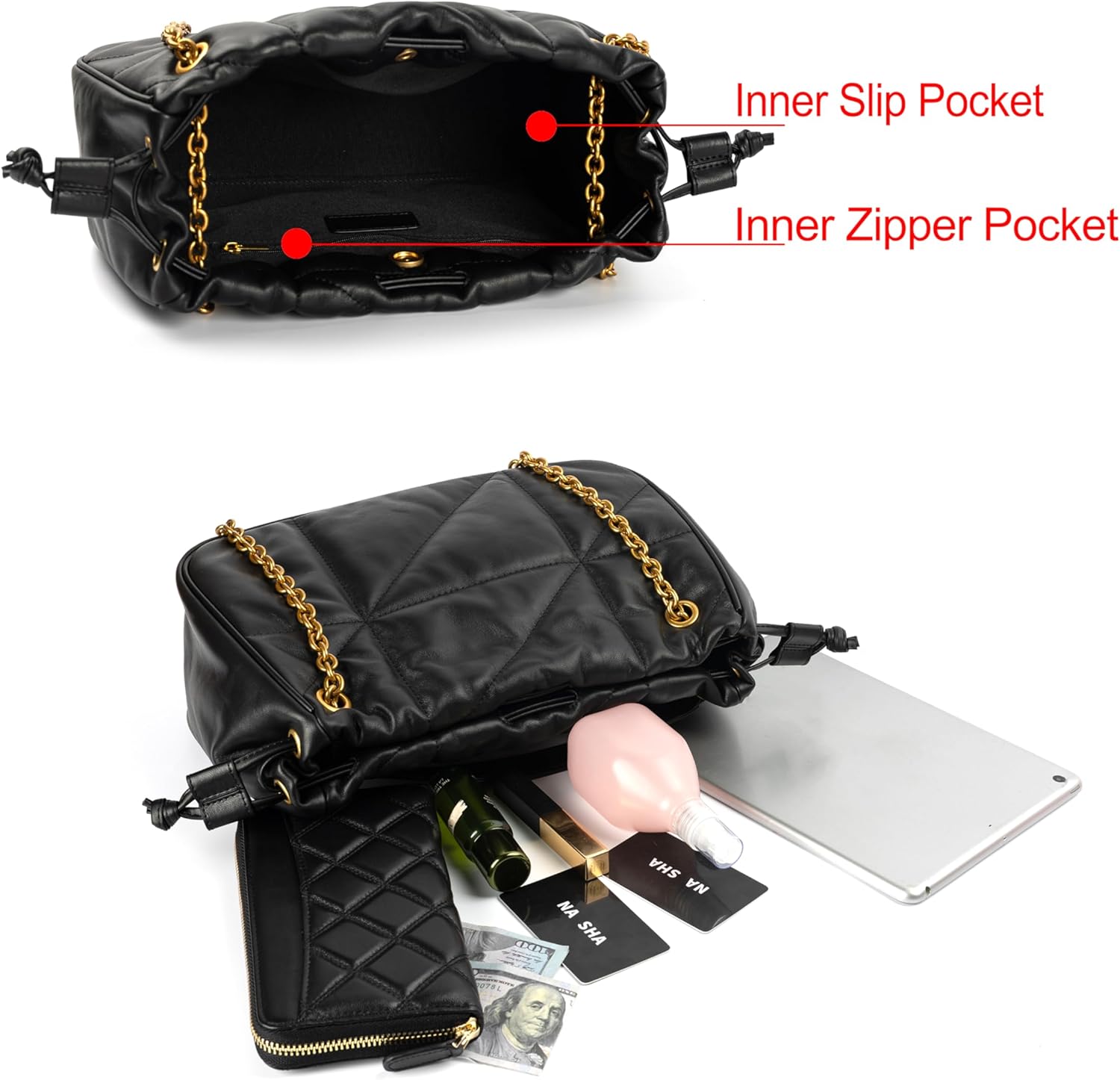 DORIS&JACKY Leather Quilted Tote Bag for Women Designer Lambskin Puffy Shoulder Purse With Metal Chain Strap - Image 6