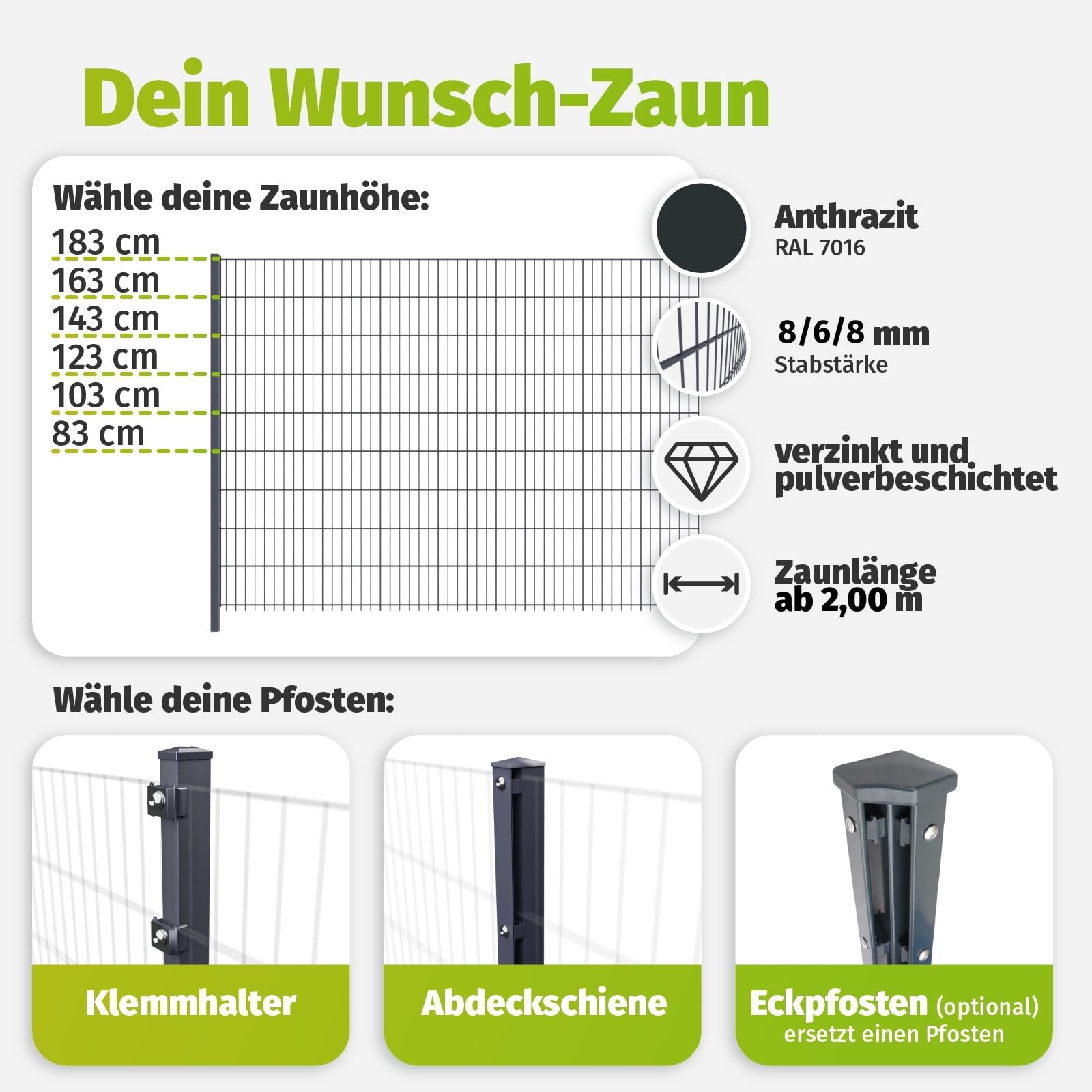 HORI Doppelstabmattenzaun Drahtstärke 8/6/8 mm Komplettset - je Gittermatte 200 cm - wahlweise mit Eckpfosten - verschiedene Längen und Höhen - Farbe Anthrazit Höhe 183 cm - Länge 2.5 m