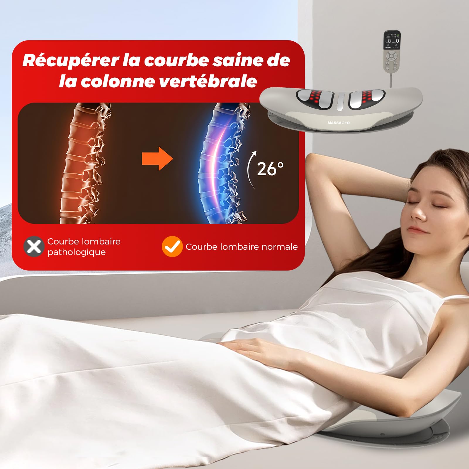 Appareil de massage lombaire avec chaleur, vibration, fonction de courbure, appareil de massage du dos avec chaleur et impulsion EMS - Appareil de massage lombaire avec vibration, hub coussin