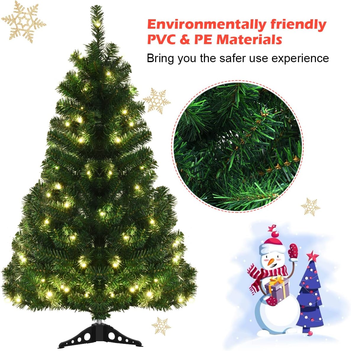 Goplus 4ft Pre-Lit Christmas Tree, Artificial PVC Xmas Tree with 100 Warm White LED Lights and Stable Triangular Stand, Ideal for Home Office Shop Decoration