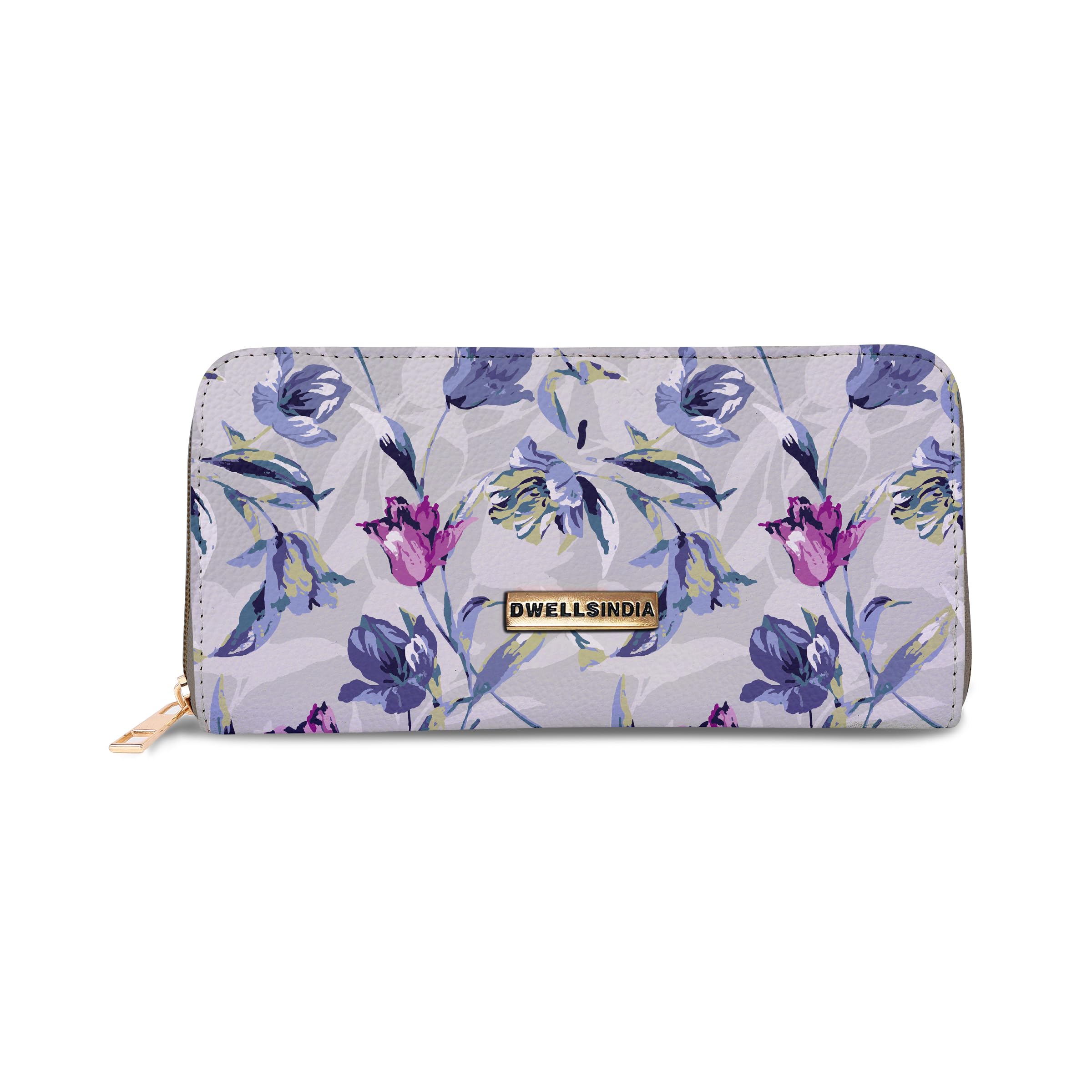 DWELLSINDIA Blue Floral Grey Texture Pattren Design Vegan Leather Printed Zipper | Bag | Wallet | Clutch | Handbag for Women Girls