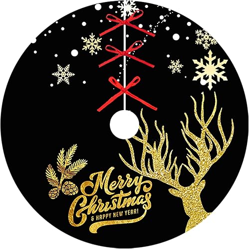 Falda de árbol de Navidad de 48 pulgadas, falda de árbol de Navidad negra y dorada con alce de copo de nieve, decoración de árbol de Navidad,