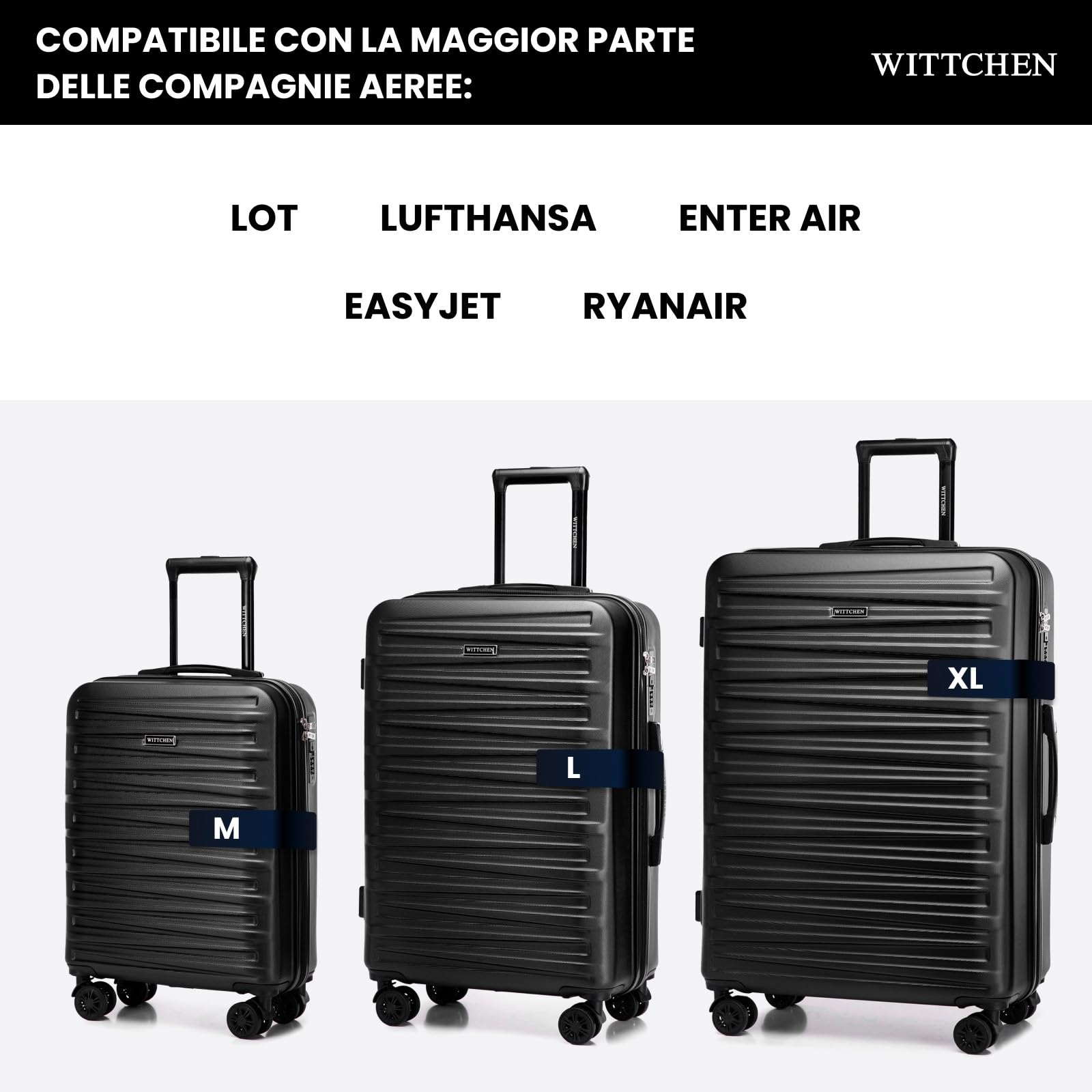 WITTCHEN Skyspeed Line Valigia grande Valigia rigida ABS Valigia grande Rolling Trolley Check-In Valigia da viaggio Serratura a combinazione Manico telescopico 4 Ruote Nero Ryanair/ITA Airways