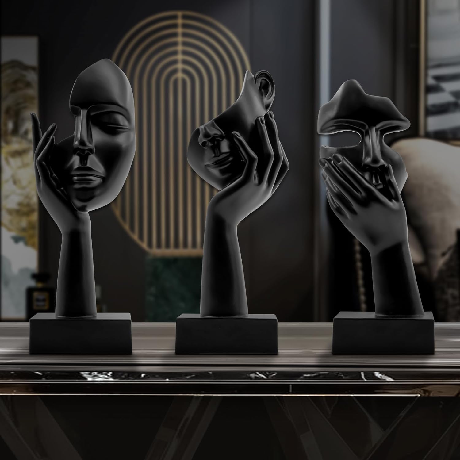 LXURY Figurine Statue for Bookshelf Decor, Thinker Statue for Office Decor, Modern Desktop Decorative Objects for Bedroom House Black Home Decor Sculpture 3PCS Thinking Surprise Listening
