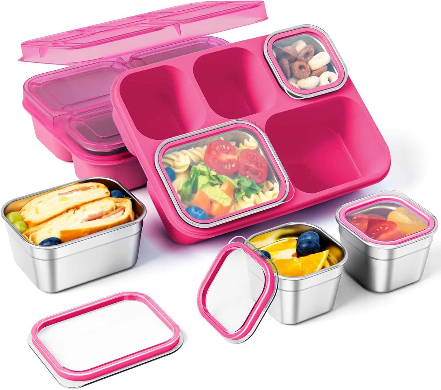 Freshmage Stainless Steel Snack Containers - 2 Pack, BPA-Free Lunch Bento Box with 5 Compartment, Reusable Food Storage Snackle Box for School, Work, and Travel, Dishwasher Safe (Pink)