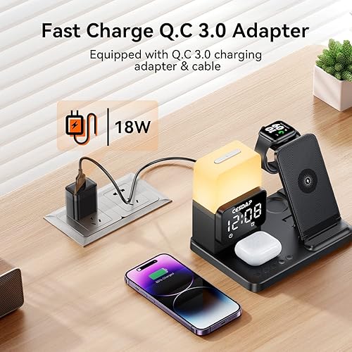 Miniatura 7 de C3 Pro - Estación de carga plegable 6 en 1 para múltiples dispositivos con luz de reloj despertador, cargador de 18 W para iPhone 1514131211 para
