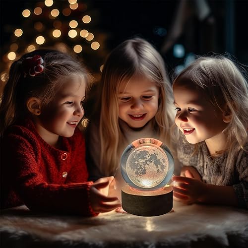 Miniatura 7 de TUUWAI Bola de cristal de luna 3D de 2.36 pulgadas con lámpara LED, base de madera colorida luz nocturna con bola brillante extraíble, luz cambiante