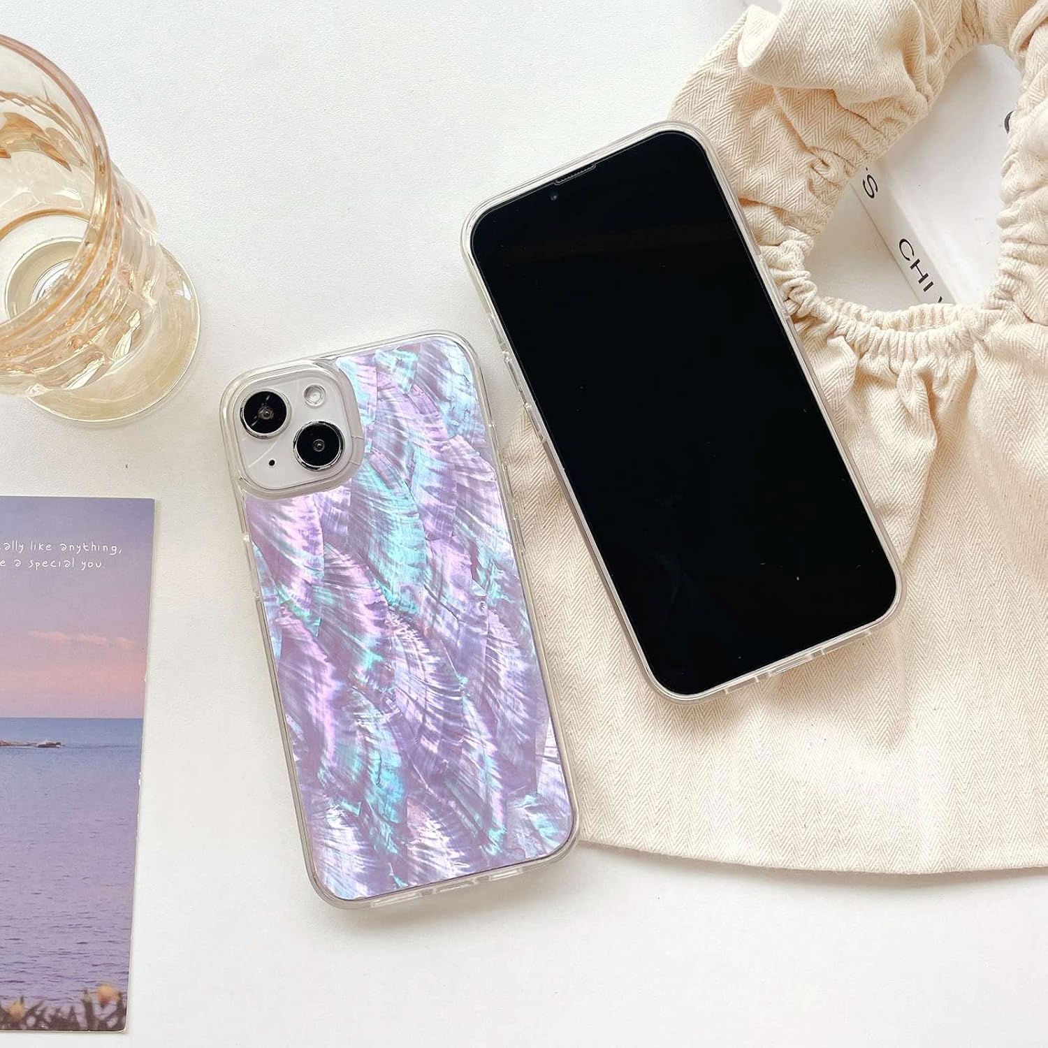 Mother of Pearl Glitter Phone Case for iPhone 15 (NOT Pro) 2023,Bling Shiny Real Seashell Pattern Slim Glossy Sleek Stylish Trendy Protective Shockproof Girls Women i Phone 15 Cover 6.1"