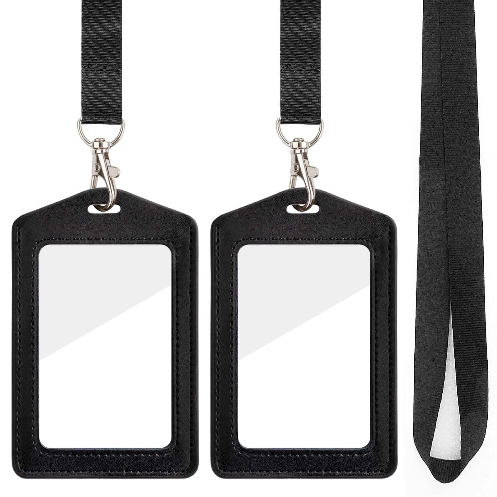 Leather Vertical ID Badge Holder with Lanyard - 2 Sided Clear Window Badge Holders and Detachable Neck Nylon Lanyard for Office and School (Black)