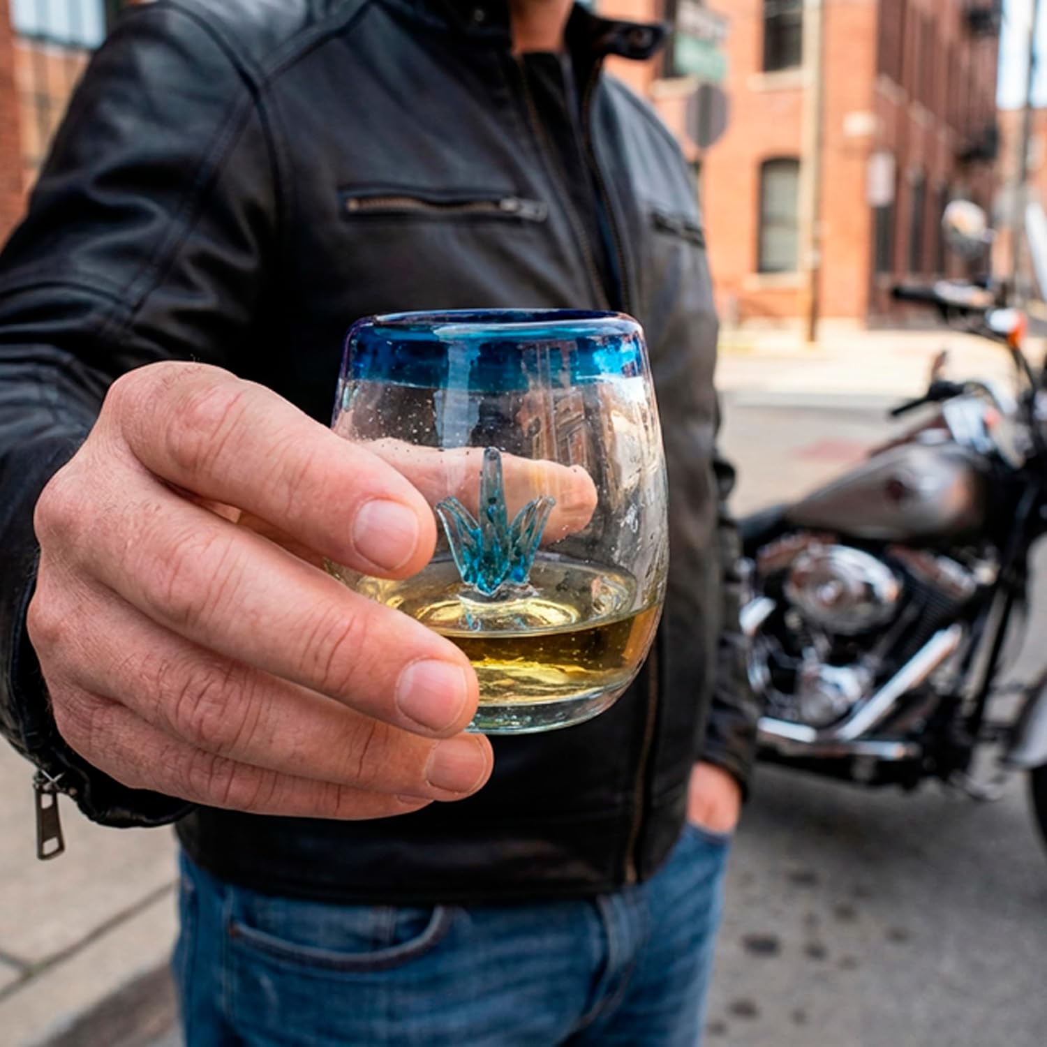 Handmade Mexican Blown Glass Barrel Decorative Set (Set of 4) – 2 oz Mini Barrels Artisanal Collectible with Interior Figurines – Traditional Home Decor (Turquoise Agave Penca)