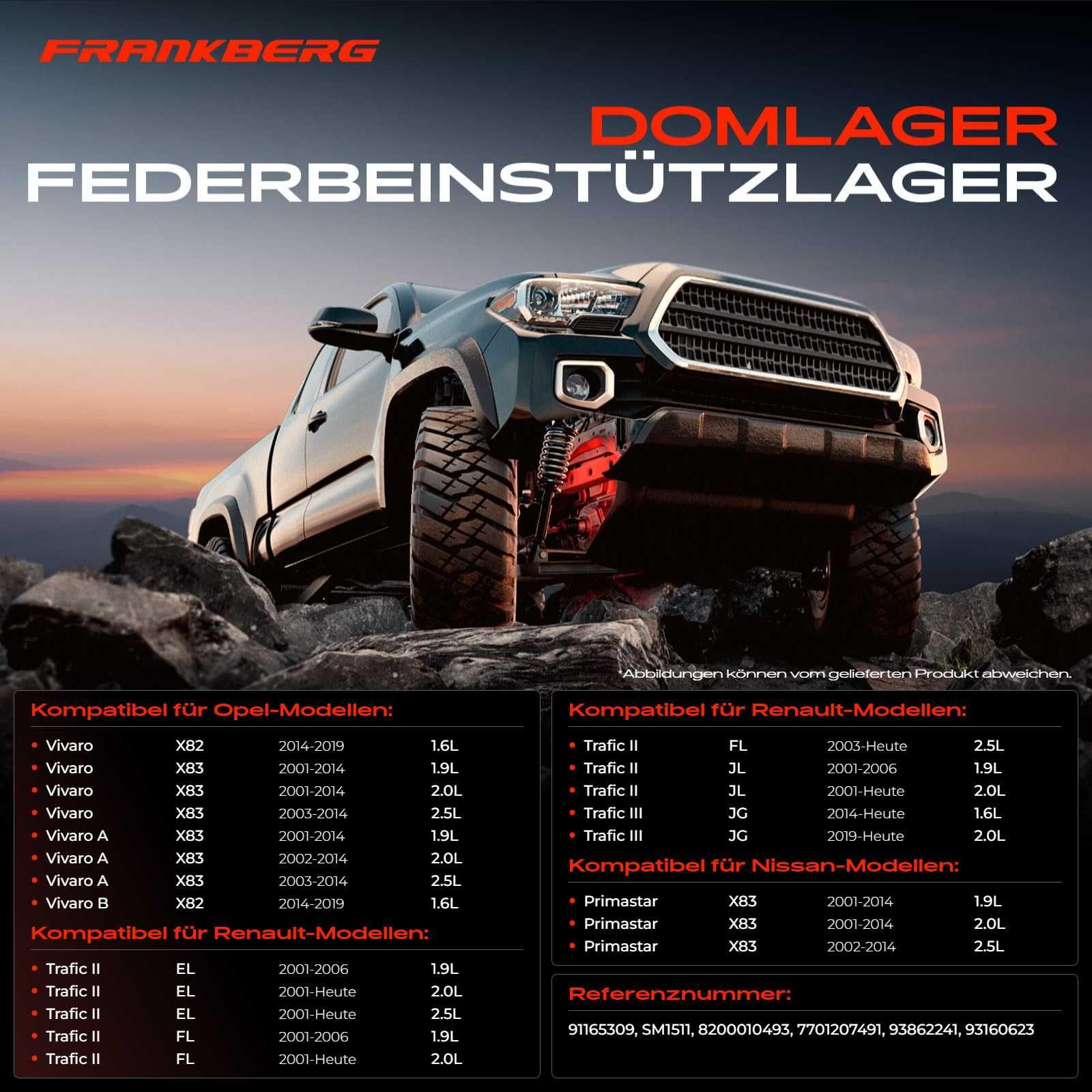 Frankberg 2x Domlager Federbeinstützlager Vorne Links Rechts Kompatibel mit Vivaro A Pritsche/Fahrgestell Vivaro B Kasten Primastar Bus/Kasten Trafic II Bus Replace# 8200010493