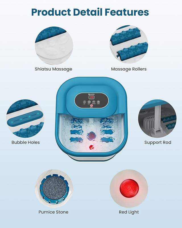 COMFIER Összecsukható Lábfürdő Masszírozóval - Shiatsu Görgők, Buborékos Vibráció, Fűtés 35-48°C, Időzítő, Pedikűr Habkő, Fekete