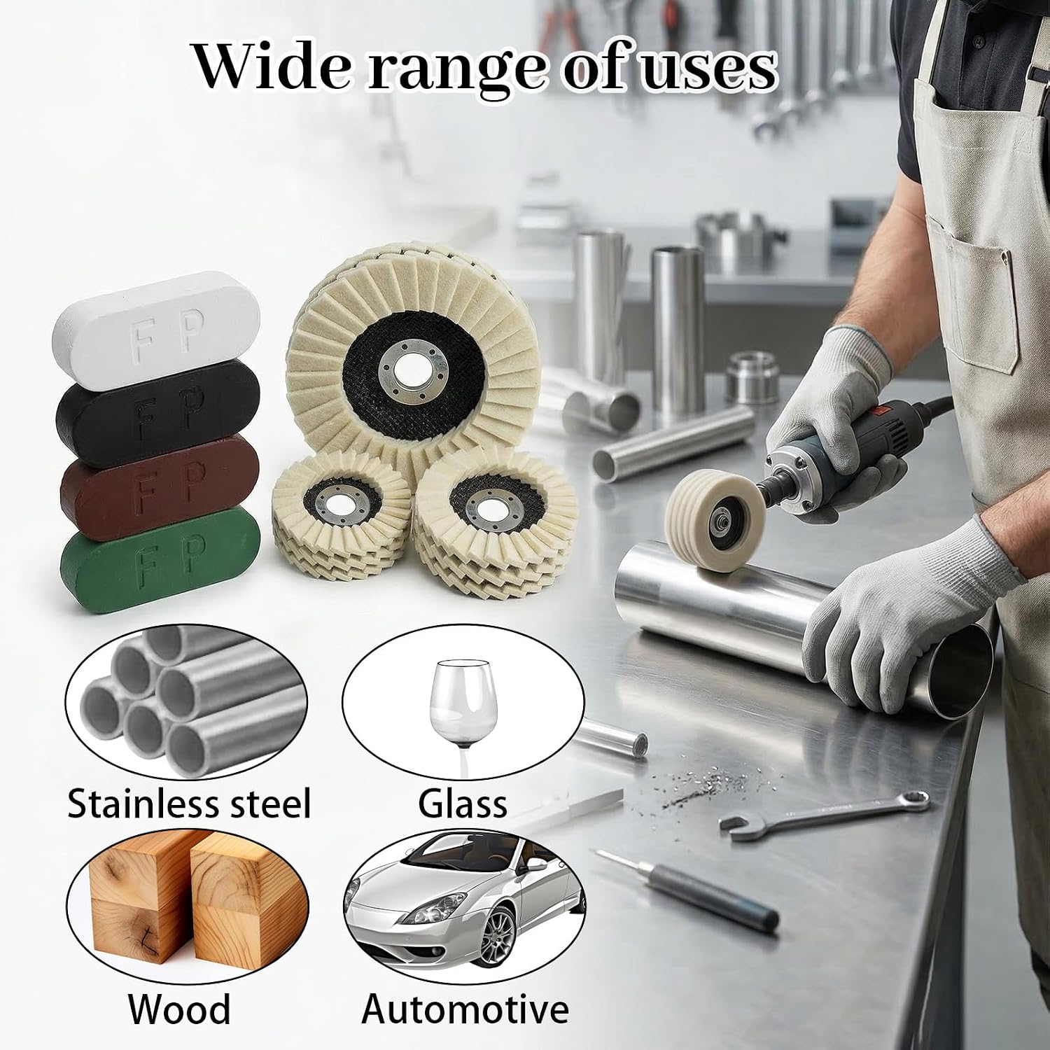 14 Pcs Angle Grinder Buffing Wheel Include 4 Polishing Compound and 10 Pcs Felt Flap Disc 4-1/2 x 7/8 Inch Arbor Buffing Wheel Stainless Steel Polishing Kit for Angle Grinder