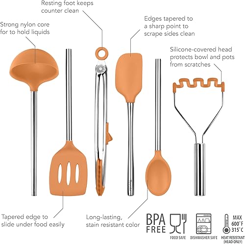 Miniatura 2 de Tovolo Juego de 6 utensilios de cocina de silicona, color albaricoque, naranja, cucharón, espátula, espátula, espátula, espátula, espátula,
