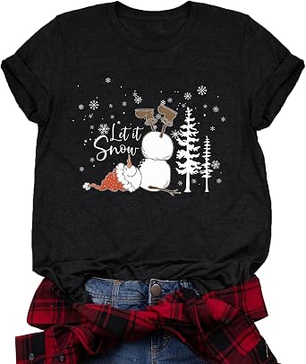 Christmas Shirts for Women Let It Snow T Shirt Snowman Graphic Tees