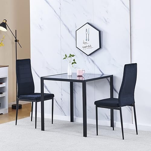 4HOMART YVONNEFLAM Juego de 2 sillas de comedor de vidrio negro de 3 piezas mesa cuadrada moderna de cocina pequeña y 2 sillas de comedor que
