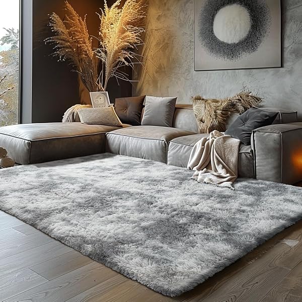 Budget-Friendly Affordable Rugs Living Room Ideas That Look Great 29 Large Grey Tie-Dye Faux Fur Rug
