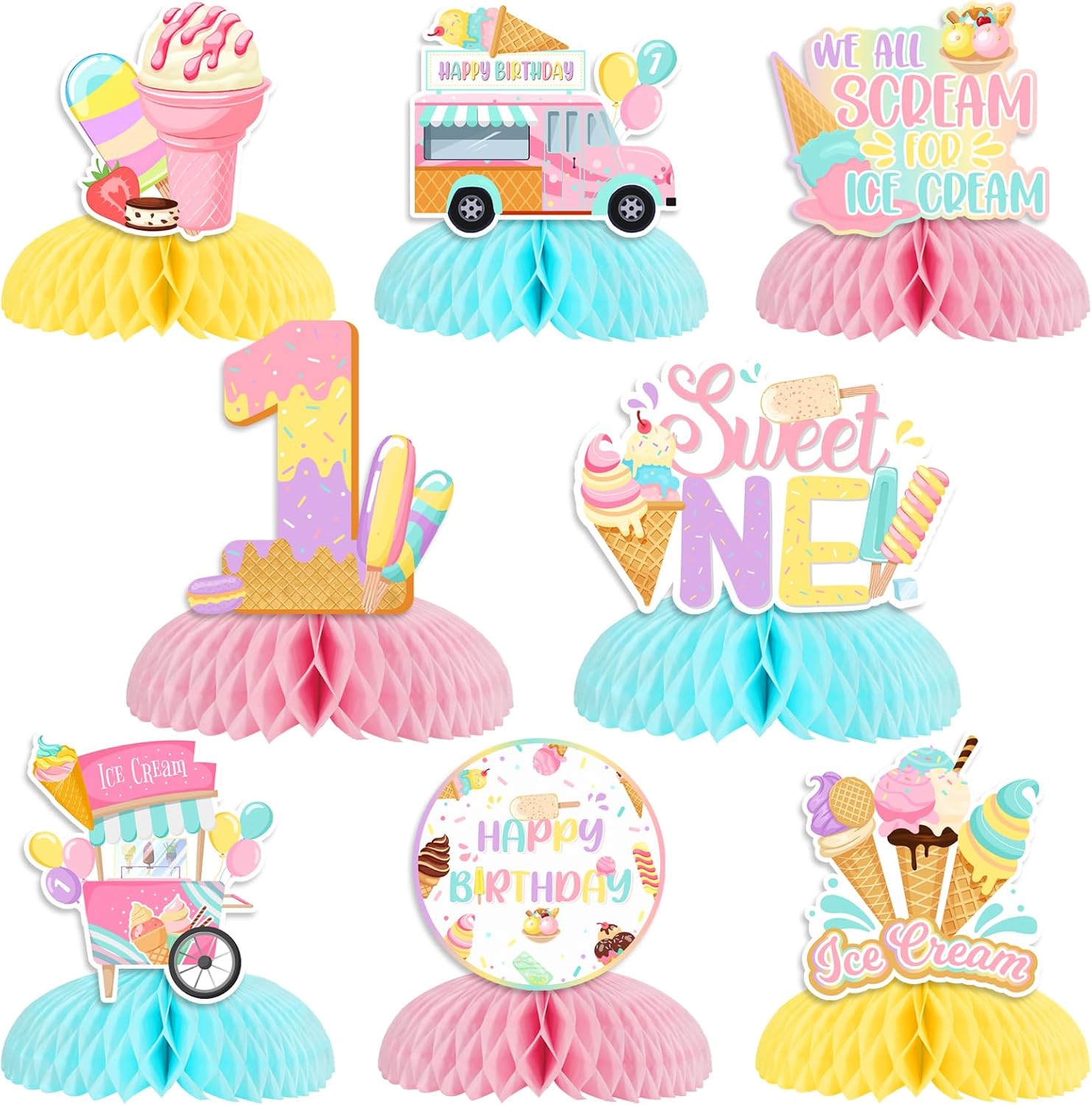 Jollyboom Ice Cream Table Centerpieces for Girls, Sweet One 1st Birthday Honeycomb Centerpiece We All Screamed for Ice Cream Double-Sided Honeycomb Centerpiece for Summer 1st Birthday Baby Shower