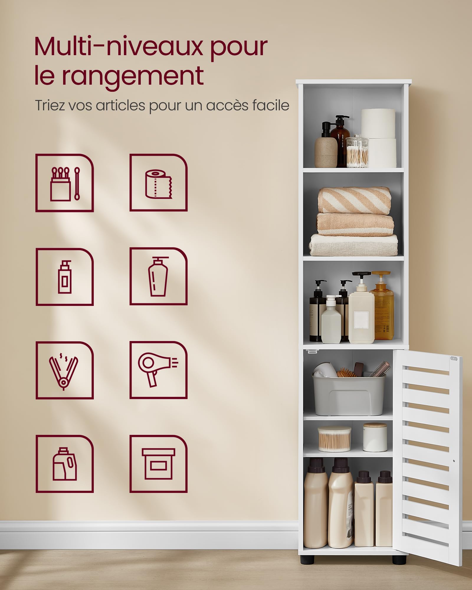 VASAGLE Meuble de Salle de Bain, Étagère de Rangement, Placard Haut, avec 3 Compartiments Ouverts et 2 Étagères Réglables, Salon, Entrée, Blanc Nuage BBK160W01