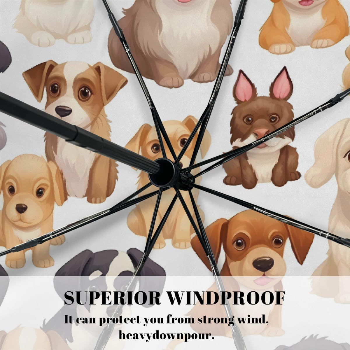 Cute Animal Puppy Pattern Folding Umbrella Windproof Compact Lightweight Travel Umbrella with 8 Reinforced Ribs, Portable UV Sun & Rain Protection for Men & Women
