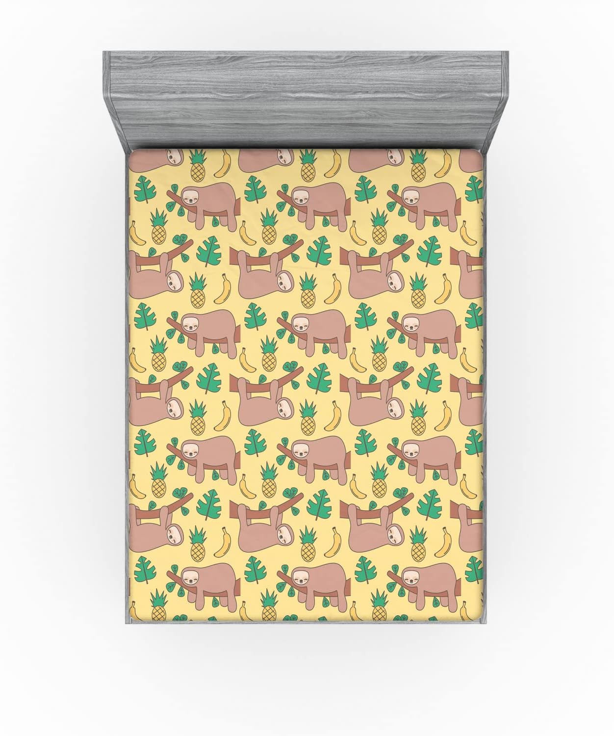 Ambesonne Funny Sloth 2 Pack Fitted Sheet, Lazy Animal Tree Banana, Bed Cover All-Round Elastic Deep Pockets 2 Pieces, Package Contains 2 Queen Size Fitted Sheets, Yellow Umber