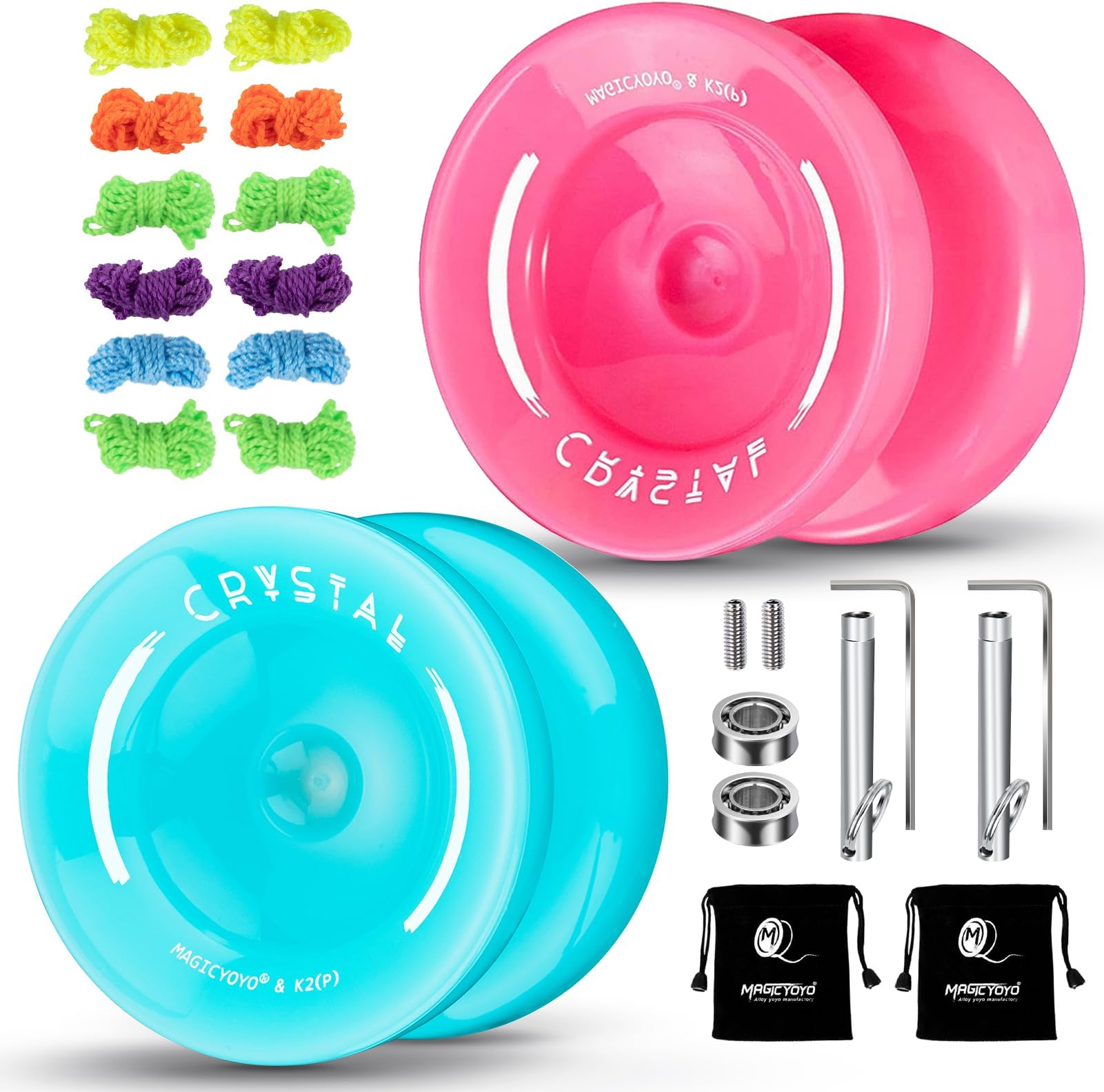 YOSTAR K2 Plus Crystal Responsive Yoyo for Kids, Dual Purpose Yo-yo for Beginner, Replacement Unresponsive Bearing for Intermediate Advanced, 5 Yo-yo Strings, Bag, Bearing Remover (Sky Blue + Pink)