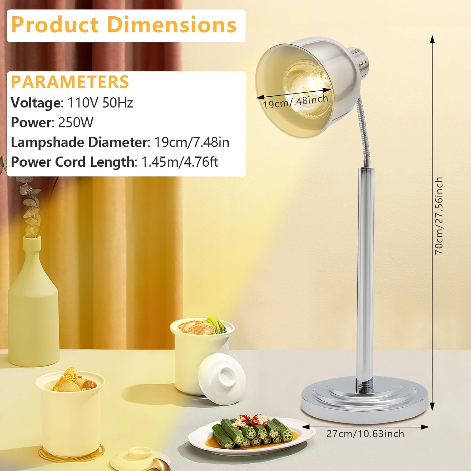 Diagram illustrating the dimensions of the Kaichenyt Food Heat Lamp.