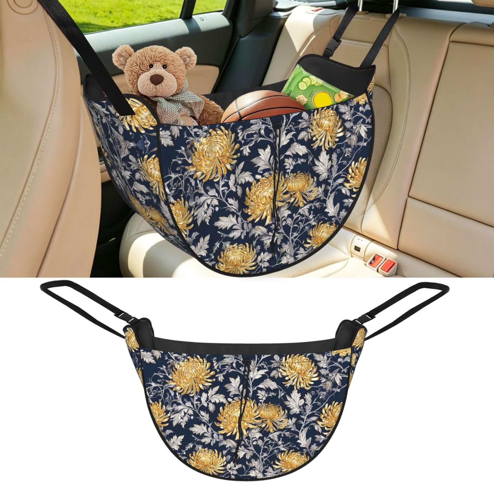 Cntdbu Black Navy Chrysanthemum Car Seat Organizer-Backseat Storage Bag For Travel