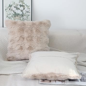 NIULAA 2 Pack Soft Faux Fur Decorative Cushion Covers 45x45cm Beige | Fluffy Plush Pillow Covers 18x18 for Sofa Bed Chair Car,Velvet Back,Hidden Zipper,Machine Washable,Cosy Luxury,as gifts