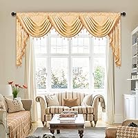 Vista 12 de ELKCA Cenefa de cascada de jacquard dorado de damasco para cocina, sala de estar, cenefa con bolsillo para barra para ventana pequeña, 39 pulgadas