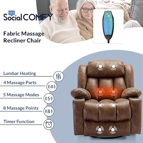 Miniatura 6 de Silla reclinable mecedora giratoria manual con masaje térmico, silla de descanso giratoria de 360 con 2 portavasos, bolsillos laterales y puertos